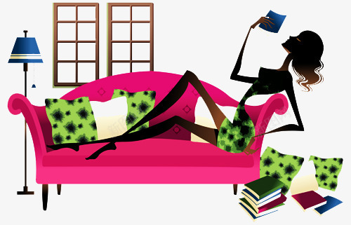 女生躺着看书png免抠素材_新图网 https://ixintu.com 手绘 枕头 沙发 落地灯