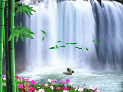 手绘瀑布竹子瀑布背景高清图片