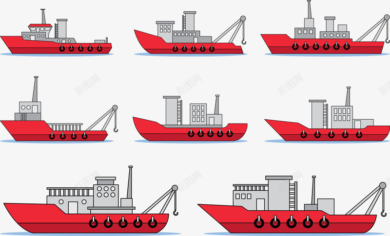 红色船只合集png免抠素材_新图网 https://ixintu.com 卡通 货物 货运 起重船 集装箱船