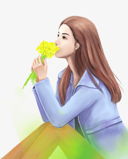 温暖的侧颜装饰插画春天摘油菜花的女孩高清图片