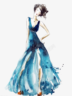 手绘水彩蓝色服装模特素材