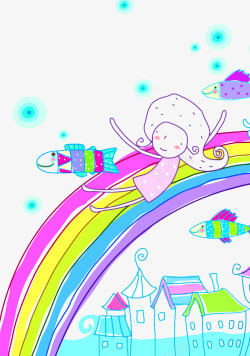 卡通彩虹上的女孩手绘人物素材