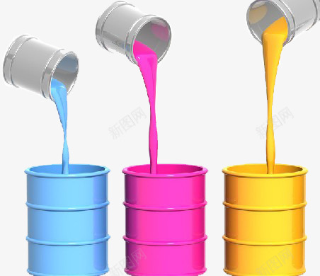 油漆桶子png免抠素材_新图网 https://ixintu.com 产品实物 海报设计素材 粉色油漆桶 蓝色油漆桶 铁罐子从广告设计 黄色油漆桶
