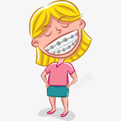 露牙齿的女人卡通女孩叉腰带牙套插画高清图片