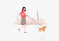 散步卡通遛狗的女人插画高清图片