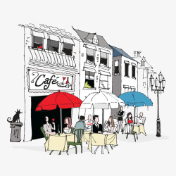 手绘街角咖啡厅插画素材