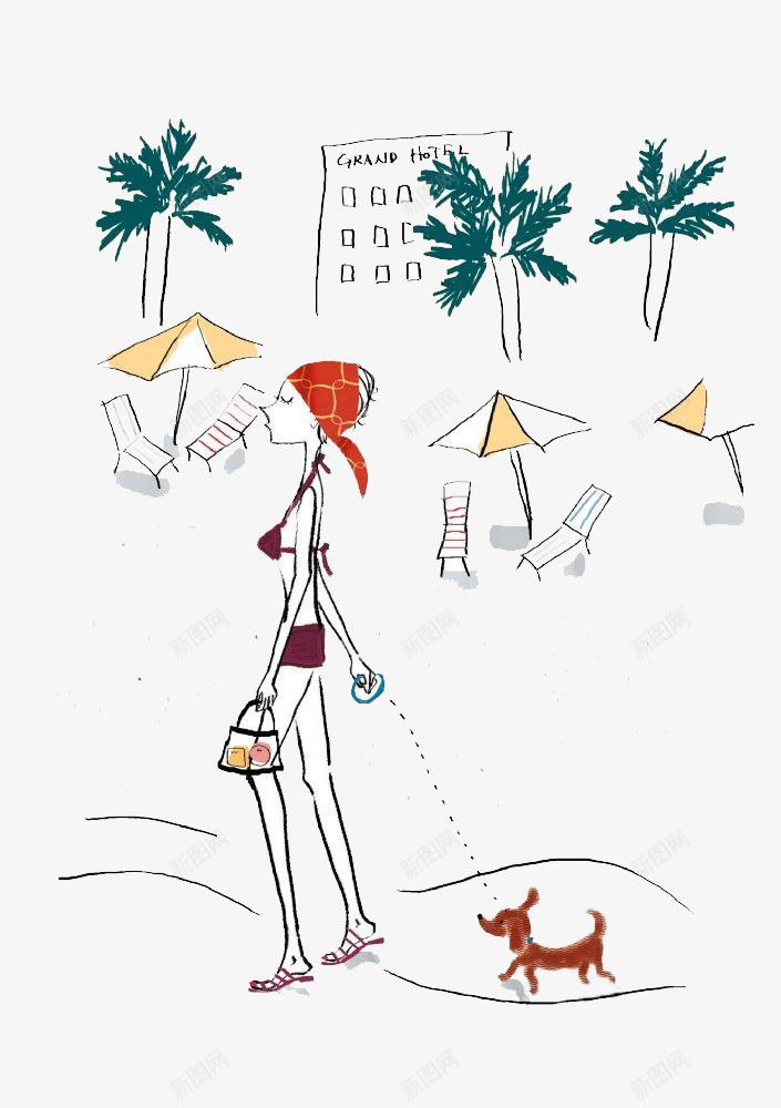 遛狗的女孩png免抠素材_新图网 https://ixintu.com 卡通 女孩 手绘 树木 椅子 遛狗