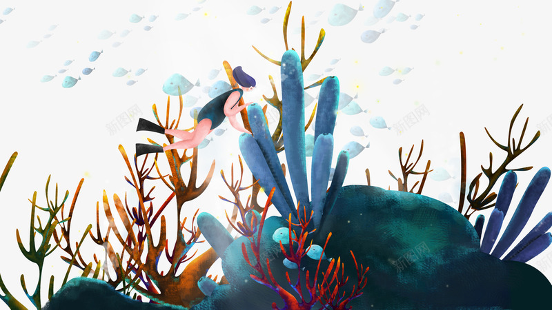 珊瑚群中的潜水少女psd免抠素材_新图网 https://ixintu.com 唯美 少女与海系列 插画 植物 海底生物 清新 游泳 珊瑚 群居