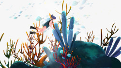 海植物珊瑚群中的潜水少女高清图片