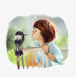 仿人和动物小男孩亲吻小鸟温馨高清图片