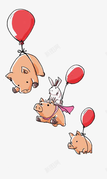 飞起来的猪png免抠素材_新图网 https://ixintu.com Q版猪 儿童读物插画 兔子 创意 动物 卡通小猪 气球 渴望飞翔的猪 白色兔子 红色气球 飞