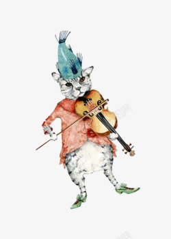 插画拉小提琴的猫咪素材