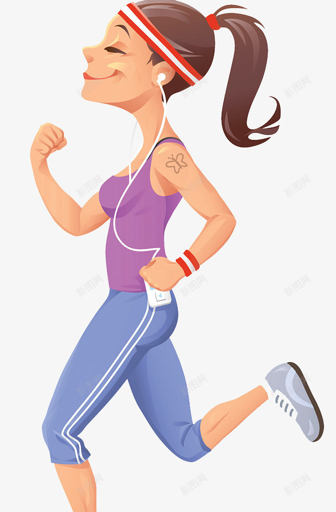 跑步健身插画png免抠素材_新图网 https://ixintu.com 健身 戴耳机的人 插画 绑头发 跑步