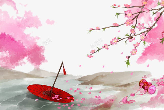 粉色水彩画png免抠素材_新图网 https://ixintu.com 古风 插画 桃花 水彩画 油纸伞 粉色 红色