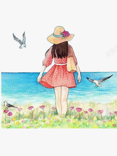 插画png免抠素材_新图网 https://ixintu.com 人物 唯美 度假 彩色 插画 海边 海鸥 美女 美景
