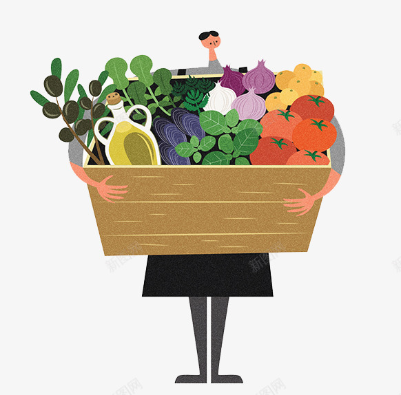 抱着一箱蔬菜水果的人png免抠素材_新图网 https://ixintu.com 人物插画 创意插图 抱着一箱蔬菜水果的人 菜类图片