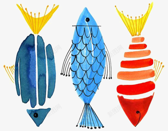 水彩鱼类png免抠素材_新图网 https://ixintu.com 动物 卡通 小鱼 手绘 抽象鱼类 插画 海洋 涂鸦