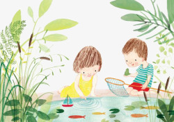 儿童回忆夏日池塘高清图片