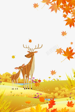 鹿的插画秋游树下梅花鹿与小鹿高清图片