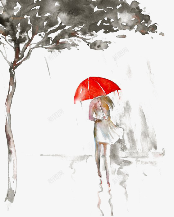 街拍png免抠素材_新图网 https://ixintu.com 下雨天 唯美 小清新 水墨插画 水彩女生 红色雨伞