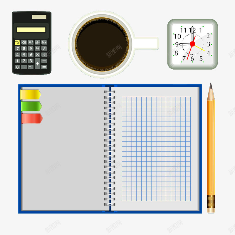 办公用品与咖啡png免抠素材_新图网 https://ixintu.com 上班时间 办公 咖啡 咖啡杯子 喝咖啡提神 工作时间 时间 笔记本 计算器 记事本 记录