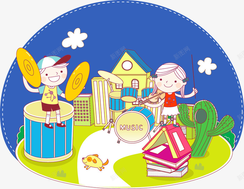玩乐器的孩子png免抠素材_新图网 https://ixintu.com 乐器 书本 书籍 仙人掌 卡通 学校 孩子 手绘 架子鼓
