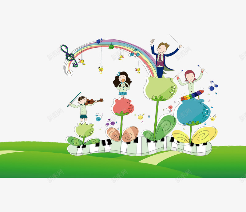 卡通人物装饰图案png免抠素材_新图网 https://ixintu.com 人物 儿童 卡通 孩子 彩虹 装饰图案 钢琴键
