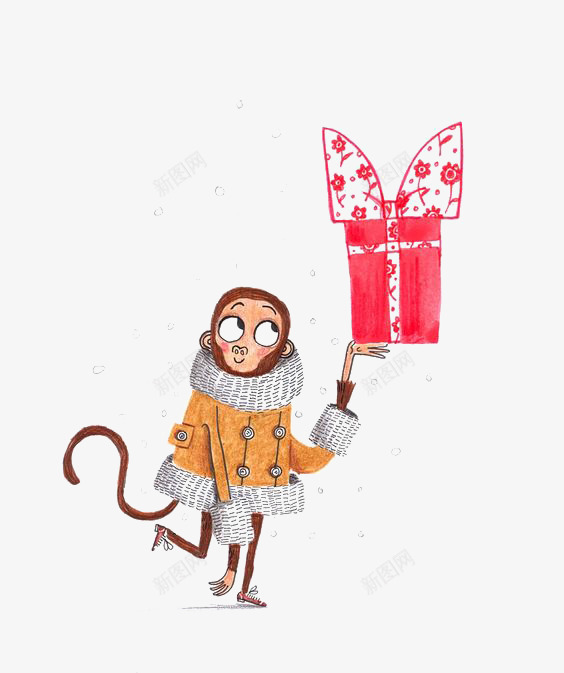 拿着礼物盒的猴子png免抠素材_新图网 https://ixintu.com 冬天 动物 卡通 手绘 拟人 插画 猴子