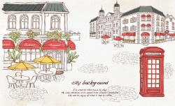 时尚城堡手绘欧洲城市街道插画PSD分层高清图片