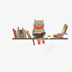 书籍书架戴眼镜猫咪看书手绘矢量图高清图片