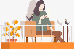 手绘阳台喝咖啡女生插画装饰图案矢量图素材