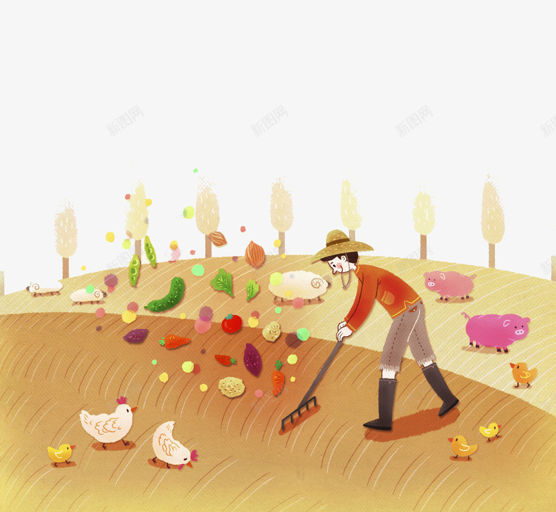 卡通农民家庭清扫png免抠素材_新图网 https://ixintu.com 乡村 农民 劳动 卡通 家庭 小鸡 扫地 清扫