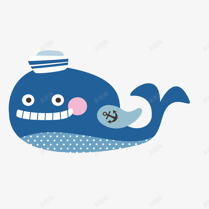 蓝色扁平化鲸鱼元素png免抠素材_新图网 https://ixintu.com 卡通插画 扁平化 水手 牙齿 眼睛 蓝色 鲸鱼