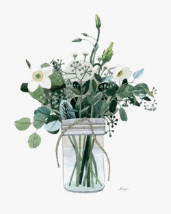 花瓶与花朵手绘植物高清图片