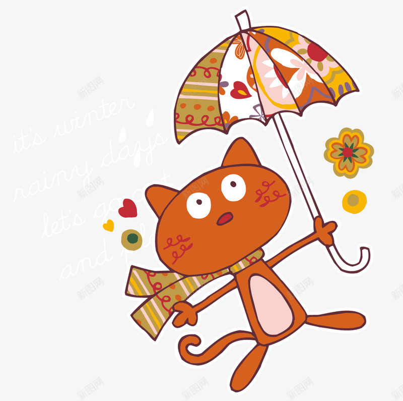 打伞的小动物png免抠素材_新图网 https://ixintu.com 动物 卡通插画 小猫 小花 心形 打伞的小猫 雨伞