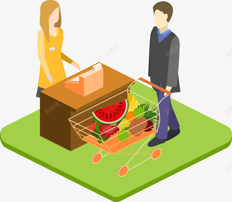 超市购物矢量图ai免抠素材_新图网 https://ixintu.com 人物 收银员 男人 购物 购物车 超市 超市购物 矢量图