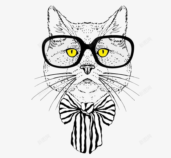 手绘眼镜猫png免抠素材_新图网 https://ixintu.com 小猫 手绘 眼镜 黑白