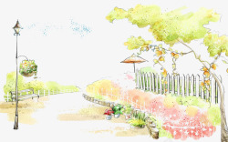 花丛里的灯笼手绘公园高清图片