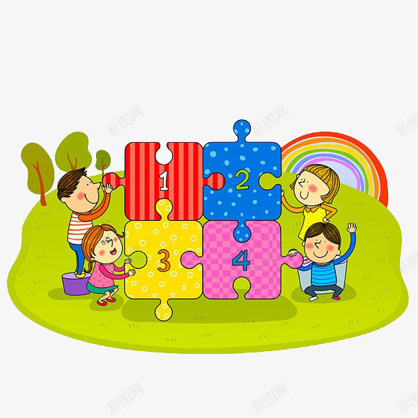 孩子们玩拼图png免抠素材_新图网 https://ixintu.com 卡通 孩子们 彩虹 玩拼图