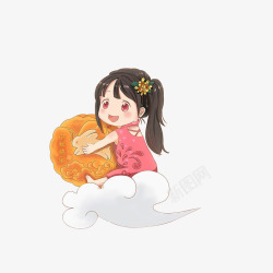 小船上的女孩卡通抱着月饼和玉兔坐在云朵上的高清图片