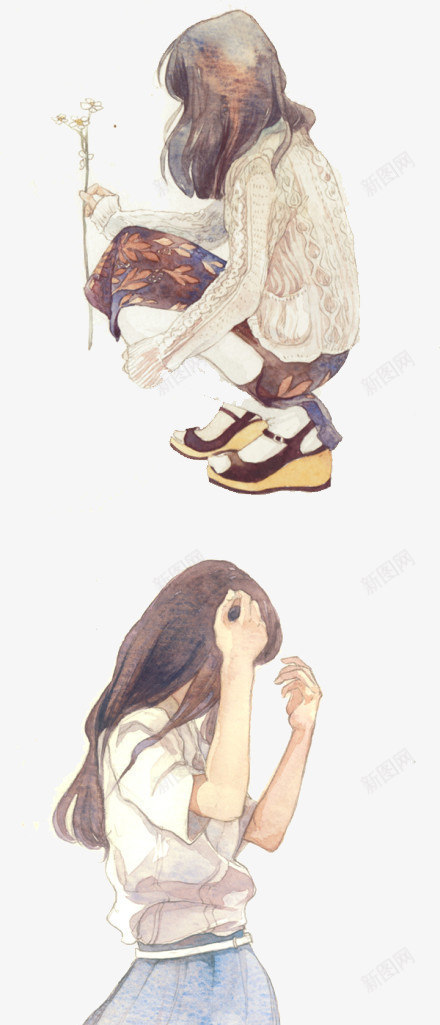 唯美手绘人物插画png免抠素材_新图网 https://ixintu.com 人物 唯美 女孩 小清新 手绘 插画 水彩