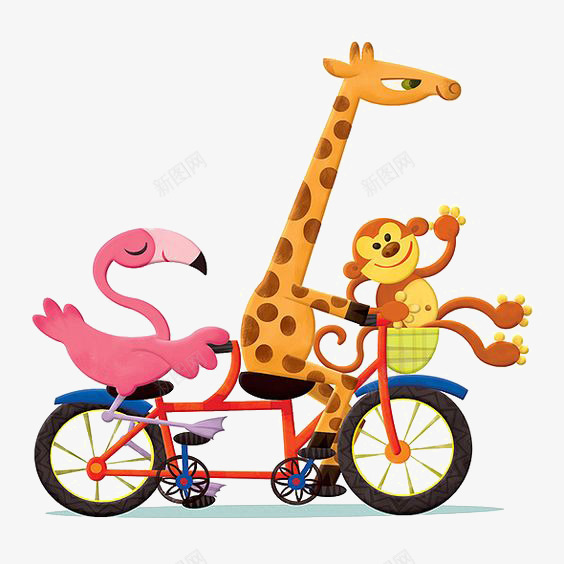 动物骑自行车png免抠素材_新图网 https://ixintu.com 动物 卡通 手绘 拟人 插画 火烈鸟 火焰鸟 猴子 自行车 长颈鹿