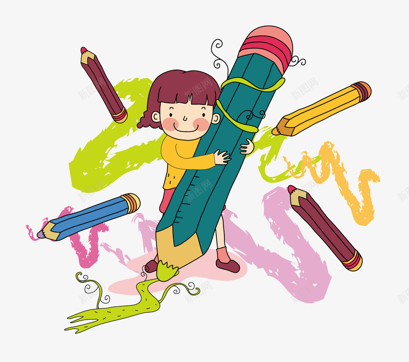 卡通插画png免抠素材_新图网 https://ixintu.com 抱着笔的小孩 涂色 画画 画画的小女孩 画笔 颜色