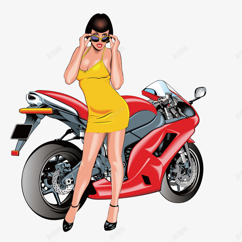 黄色套裙的女模特和赛车png免抠素材_新图网 https://ixintu.com 摩托车 服装 模特