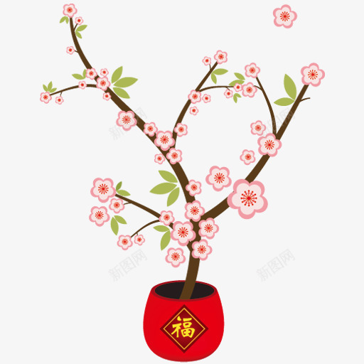 红色福字花盆粉色手绘花朵png免抠素材_新图网 https://ixintu.com 粉色 红色 花朵 花盆