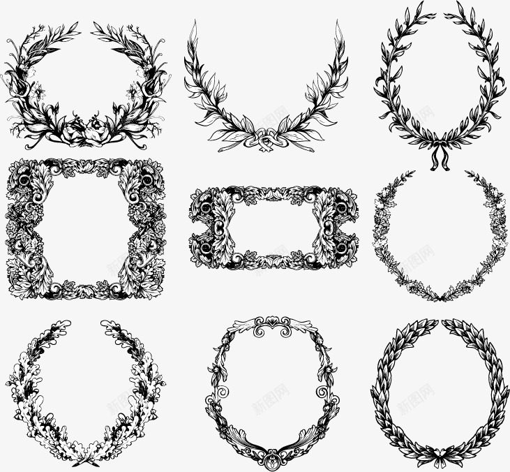 花纹边框合集片png免抠素材_新图网 https://ixintu.com 纹理 花卉 装饰 黑白