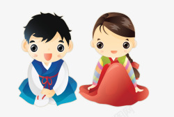 韩国风传统恋人穿着韩国服饰的卡通人物高清图片