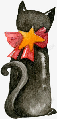 手绘小黑猫水彩手绘带蝴蝶结的黑猫高清图片