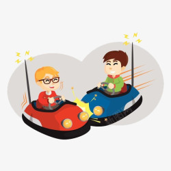 卡通两个男孩碰碰车碰撞开心游戏素材