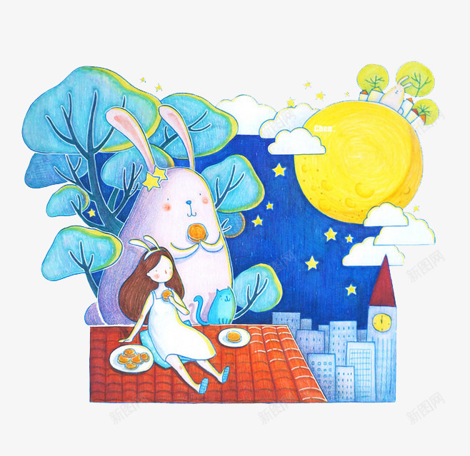 中秋节插画png免抠素材_新图网 https://ixintu.com 兔子 卡通 城市 女孩 星星 月亮 月饼 盘子